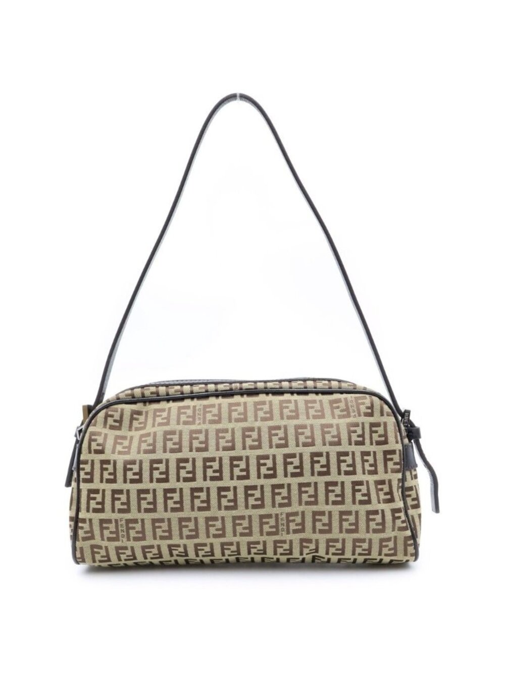 Fendi Zucchino Shoulder Bag Brown Leather Canvas Silver